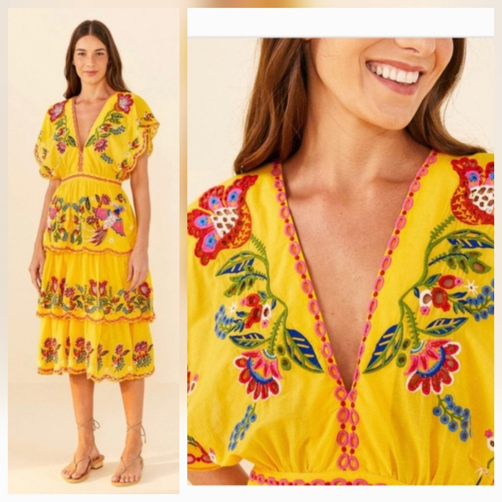 Farm Rio Yellow Embroidered Richilier Mididress